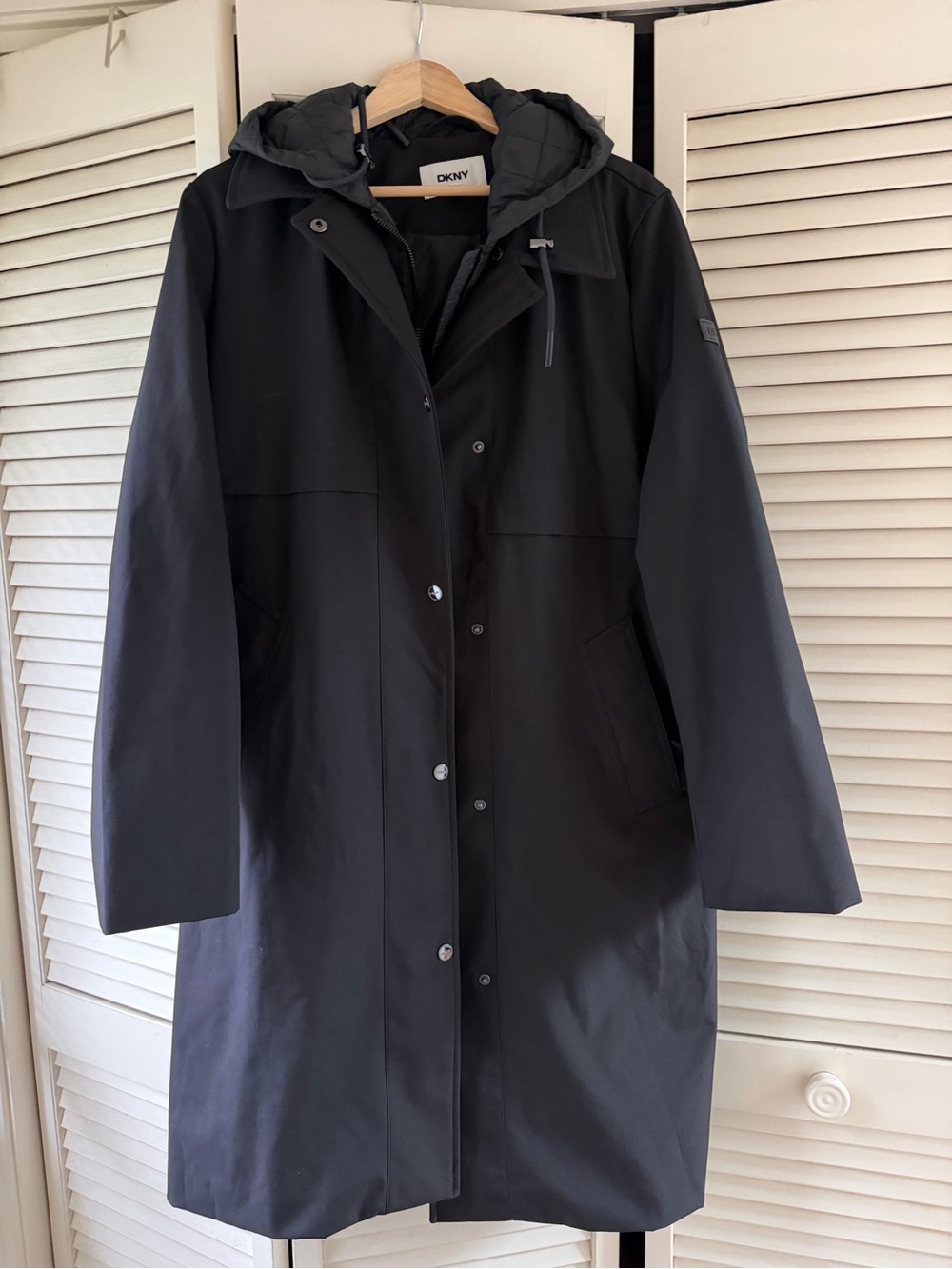 DKNY Black Hooded Long Trench Coat